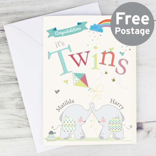 Personalised Hessian Elephant Twins Card