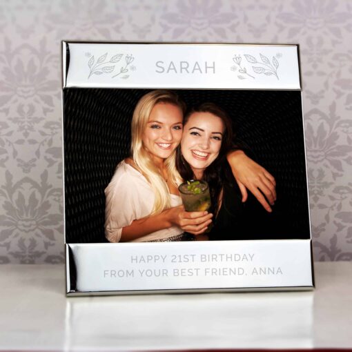 Personalised Silver Floral Square 6x4 Landscape Photo Frame