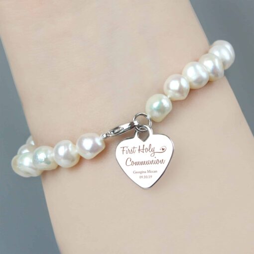 Personalised First Holy Communion Swirls & Hearts White Freshwater Pearl Bracelet