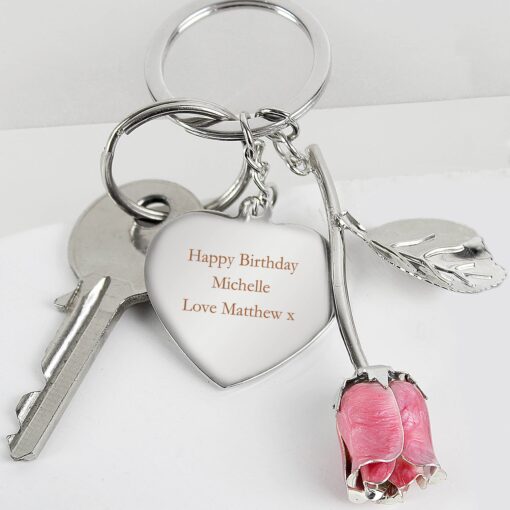 Personalised Silver Plated Pink Rose Keyring