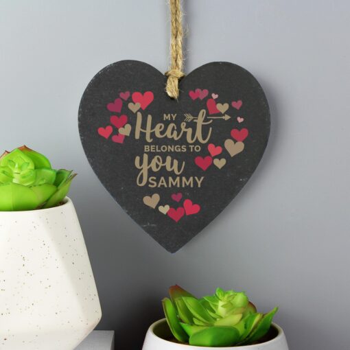 Personalised 'My Heart Belongs To You' Confetti Hearts Printed Slate Heart Decoration