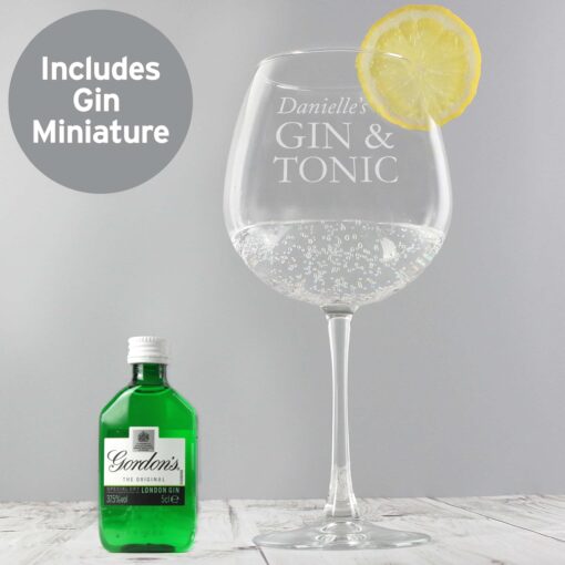 Personalised Gin & Tonic Balloon Glass with Gin Miniature Set