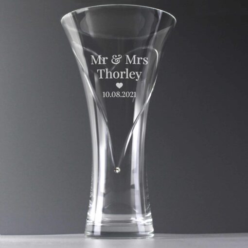 Personalised Mr & Mrs Large Hand Cut Diamante Heart Vase