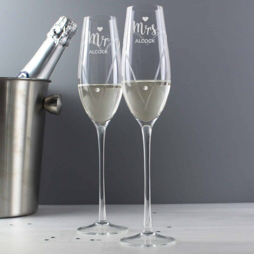 Personalised Hand Cut Mr & Mrs Pair of Flutes in Gift Box