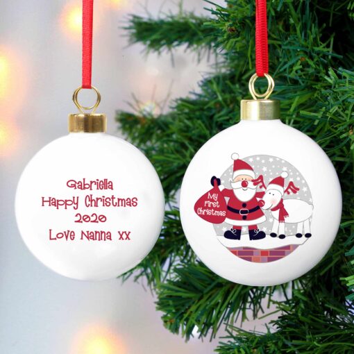 Personalised Rooftop Santa First Christmas Bauble