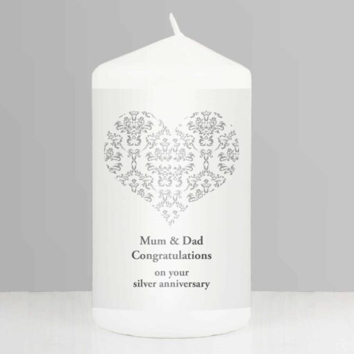 Personalised Silver Damask Heart Pillar Candle