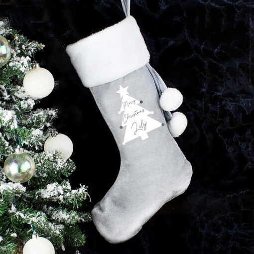 Personalised Christmas Tree Luxury Silver Grey Stocking