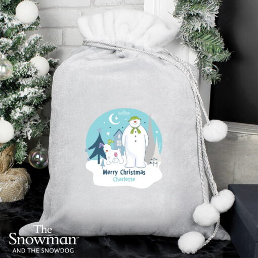 Personalised The Snowman and the Snowdog Luxury Silver Grey Pom Pom Sack