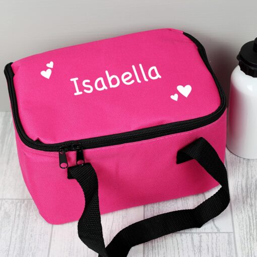 Personalised White Hearts Pink Lunch Bag