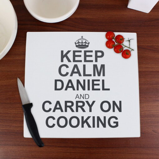 Personalised Keep Calm Glass Chopping Board / Worktop Saver