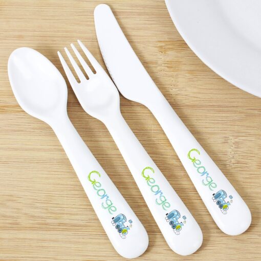 Personalised Patchwork Train 3 Piece Plastic Cutlery Set