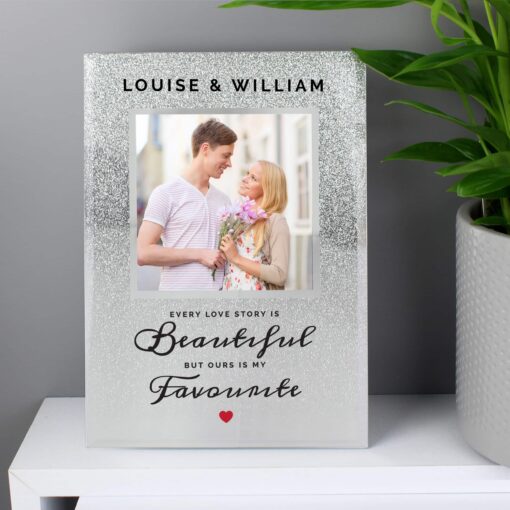 Personalised Every Love Story Is Beautiful 4x4 Glitter Glass Photo Frame