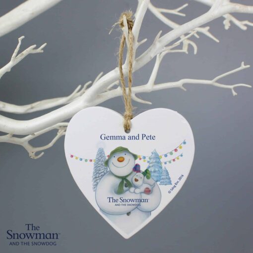 Personalised The Snowman and the Snowdog Wooden Heart Decoration