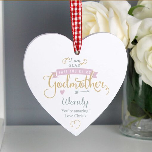 Personalised 'I Am Glad' Godmother Wooden Heart Decoration