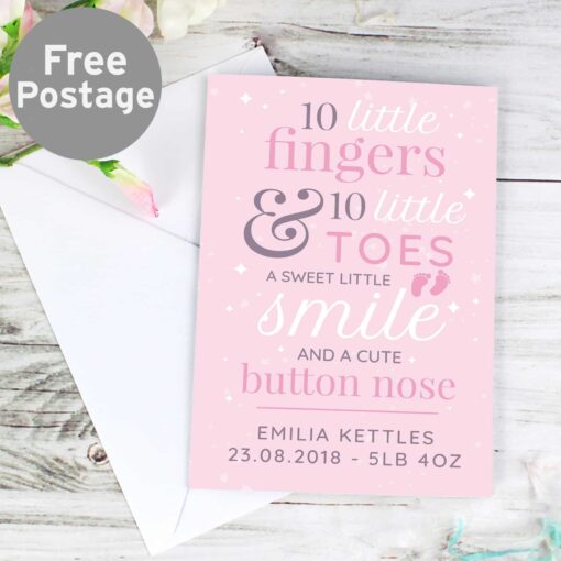 Personalised '10 Little Fingers' Pink Baby Card