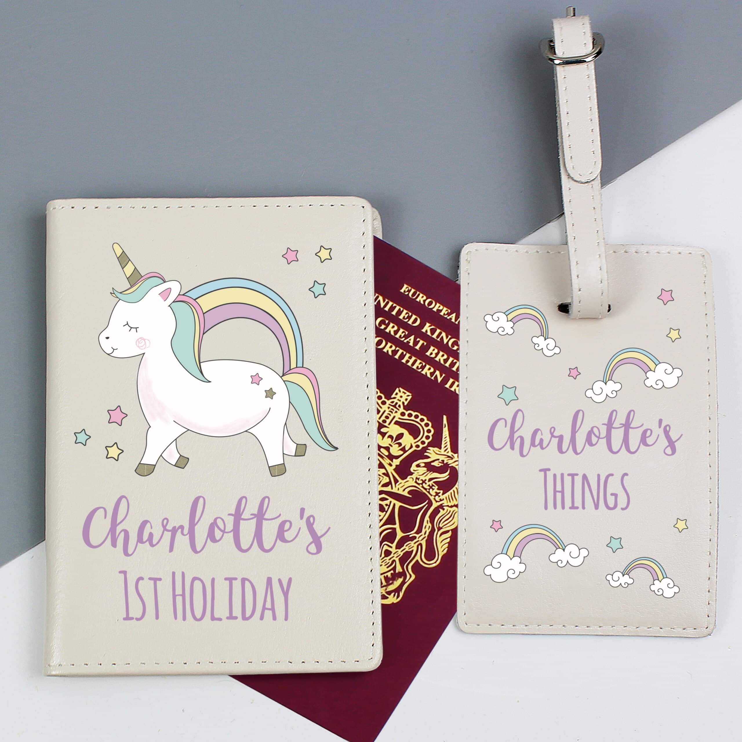 Personalised Baby Unicorn Cream Passport Holder & Luggage Tag Set