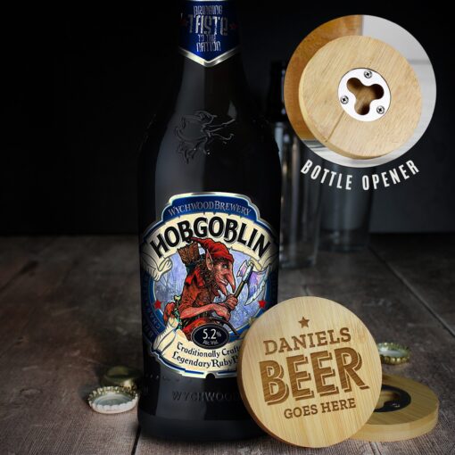 Personalised Beer Goes Here Bamboo Bottle Opener Coaster and Ale Gift Set