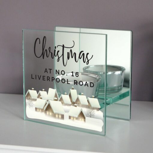 Personalised Christmas Village Mirrored Glass Tea Light Candle Holder