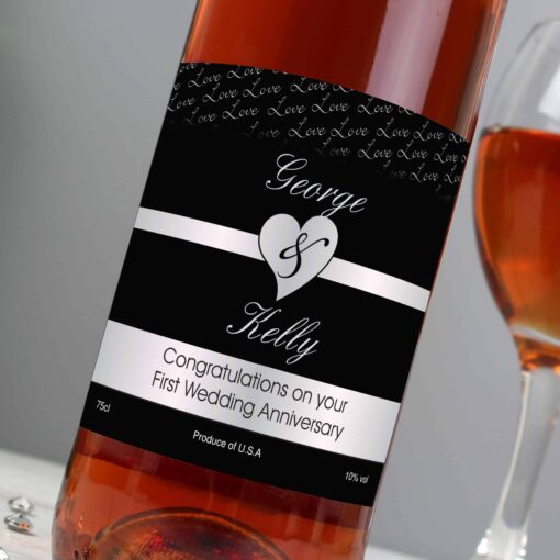 Personalised Couples Heart Rose Wine - Black Design