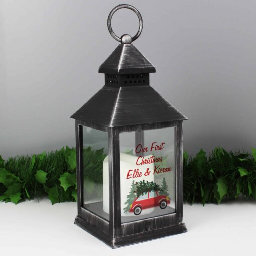 Personalised 'Driving Home For Christmas' Rustic Black Lantern
