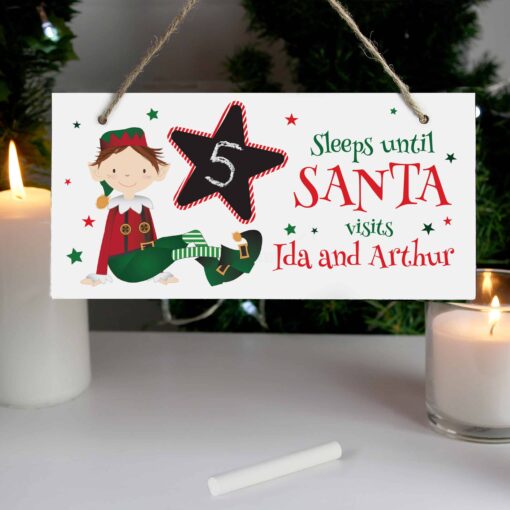 Personalised Elf Christmas Chalk Countdown Wooden Block Sign