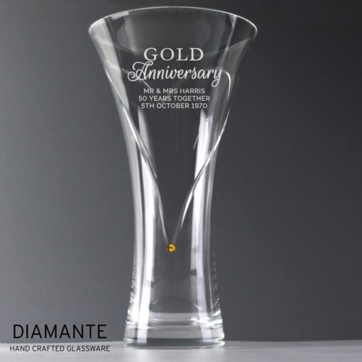 Personalised Gold Anniversary Large Hand Cut Diamante Heart Vase