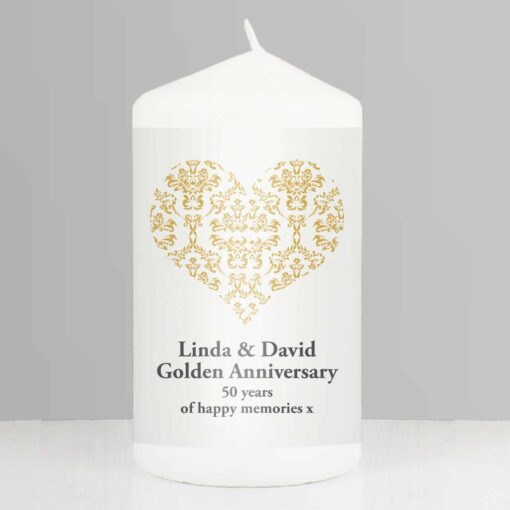 Personalised Gold Damask Heart Pillar Candle