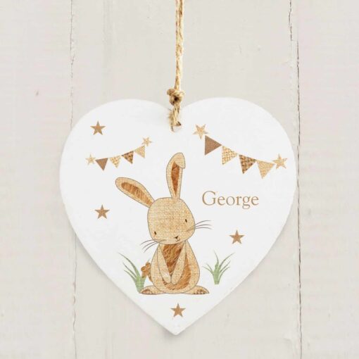 Personalised Hessian Rabbit Wooden Heart Decoration