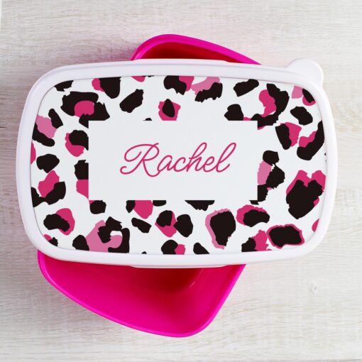 Personalised Leopard Print Name Only Pink Lunch Box