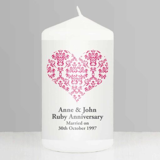 Personalised Ruby Damask Heart Pillar Candle