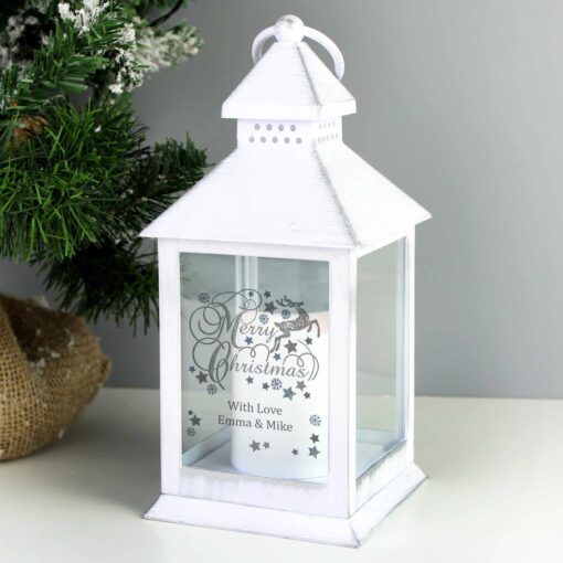 Personalised Silver Reindeer White Lantern