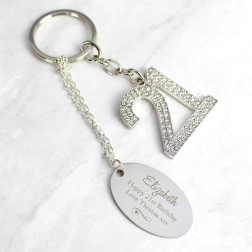 Personalised Swirls & Hearts Diamante 21 Keyring