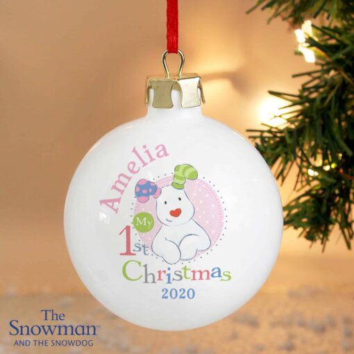 Personalised The Snowman and the Snowdog My 1st Christmas Pink Bauble