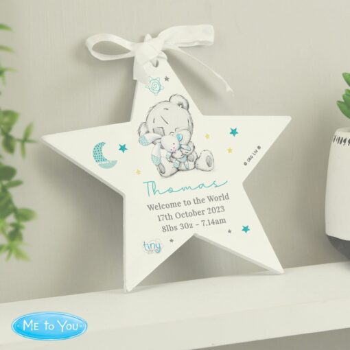 Personalised Tiny Tatty Teddy Dream Big Blue Wooden Star Decoration