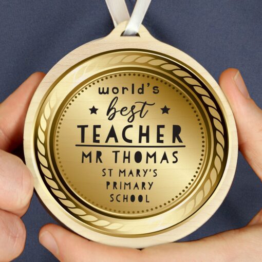 Personalised Worlds Best Teacher Round Wooden Medal