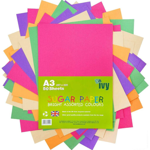 Ivy A3 Recycled Sugar Paper Bright Assorted Colours 50 Sheets