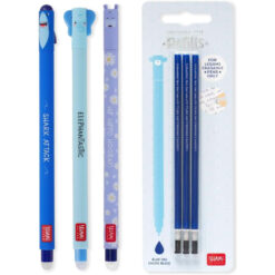 Legami Erasable Gel Pens Shark Elephant Hippo + Blue Refills Pack of 3