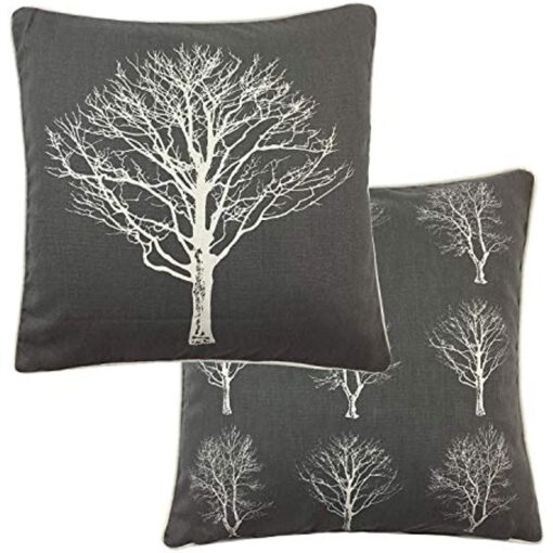 2 X FOREST TREES GREY WHITE 100% COTTON PIPED CUSHION COVER 17" - 43CM