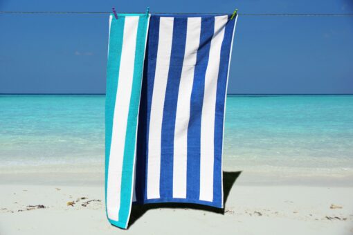 Beach Towel Blue & White Stripe Large Luxury Velour