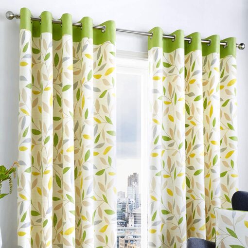 Beechwood Green Leaf Trail Eyelet Curtains by Fusion - 90-x-72-228cm-x-182cm