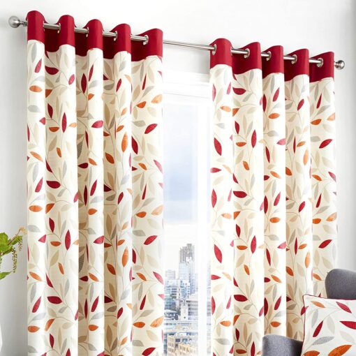 Beechwood Red Leaf Trail Eyelet Curtains by Fusion - 90-x-72-228cm-x-182cm