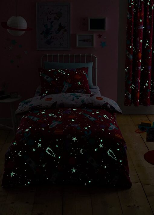 Bentley Priory Linens Pink Astronaut Space Single Bed Duvet Cover Set Glow in The Dark Supersonic Rockets and Solar system with shooting stars for girls or boys