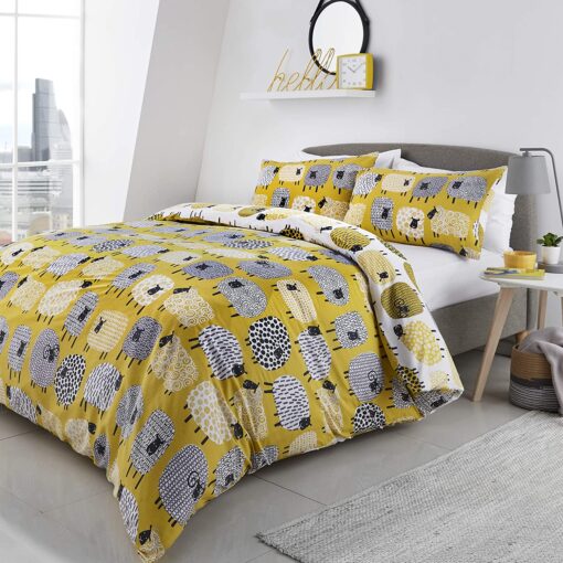 Dotty Sheep in Yellow and White Duvet Cover Set by Fusion - king-bed