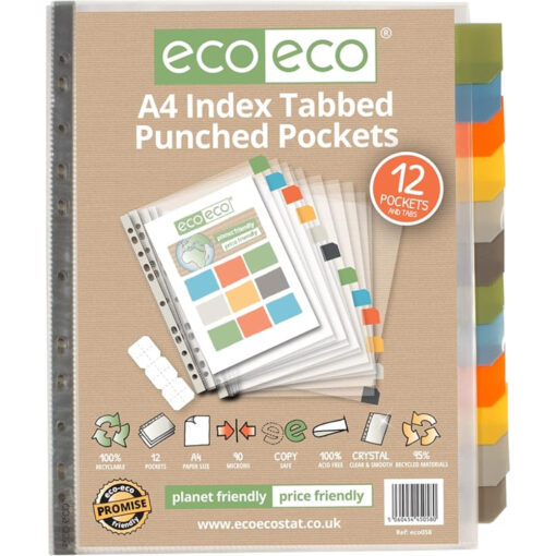 eco-eco A4 Punched Pockets With Index Tabs Dividers Clear 12 Pockets