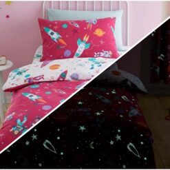 Girl Astronaut Glow in the Dark Quilt Cover Set in Pink Single Bed - tape-top-curtains-66x72