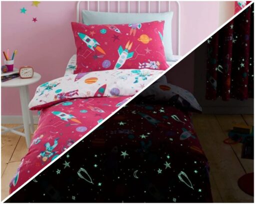 Girl Astronaut Glow in the Dark Quilt Cover Set in Pink Single Bed - tape-top-curtains-66x72