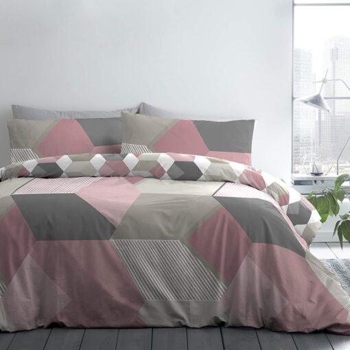 Hexagon Pink & Grey Duvet Cover Set by Fusion - single-bed