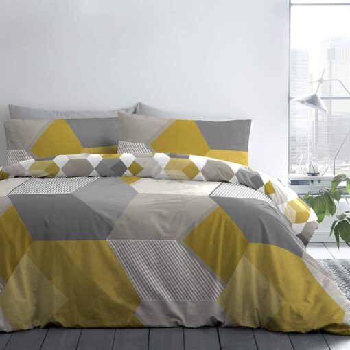 Hexagon Yellow & Grey Single Size Duvet Cover Set by Fusion - single-bed