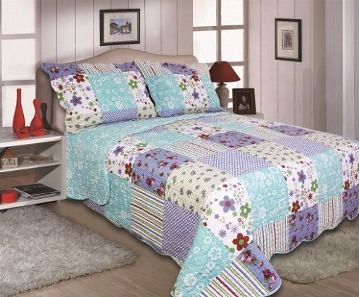 Lily Blue Quilted Bedspread Patchwork Floral - king-bed