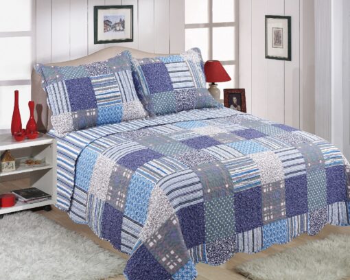 Quilted Bedspreads Patchwork & Floral designs - check-blue-king-bed